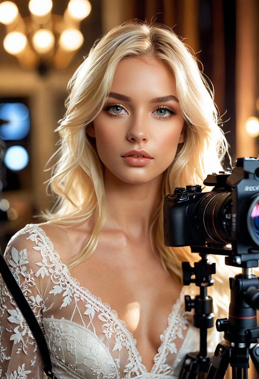 A striking close-up of a camera lens reflecting a glamorous blonde pornstar in a sultry pose, with elements of photography gear scattered artistically around. The background features soft-focus lights to create a dreamy atmosphere, while hints of fetish elements like lace and leather subtly blend into the scene. The overall color scheme includes warm skin tones and soft pastels enhancing the seductive vibe. super-realistic. vibrant colors. dreamy atmosphere.